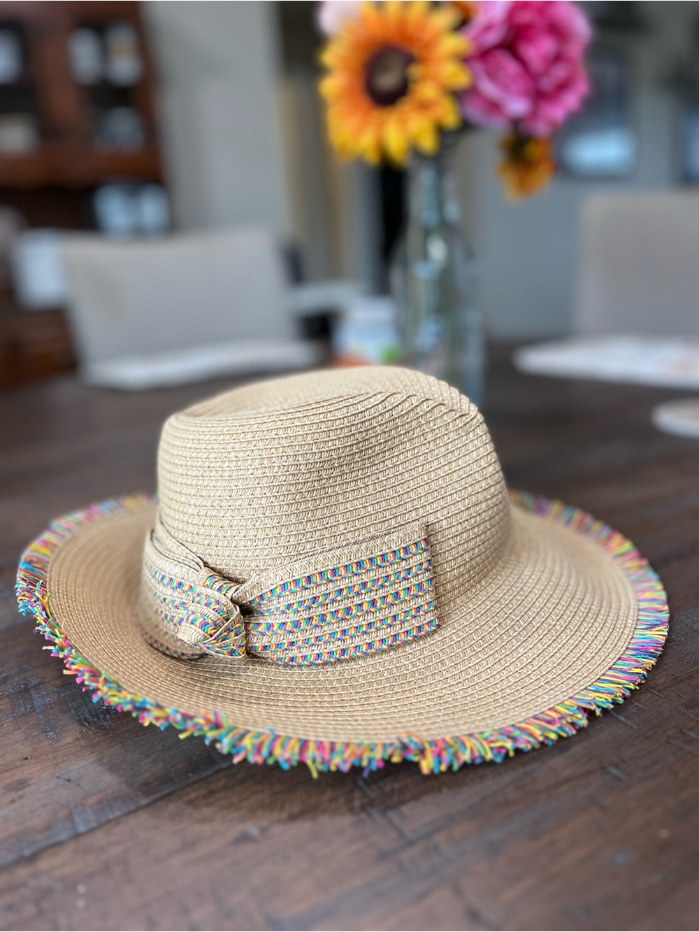 Mixit Beige Straw fedora sun Hat with Multicolor Trim 👒 💛🩷💚🩵